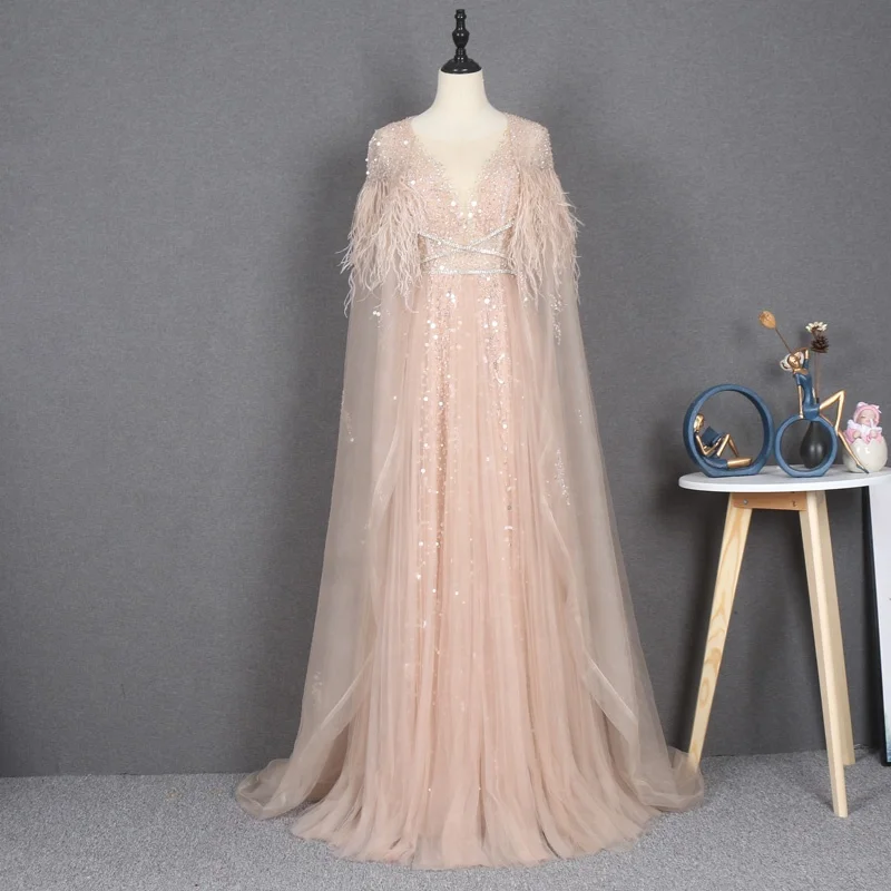 High-end evening dress Heavy beaded flowers  champagne a line tulle fairy  prom dress wholesales