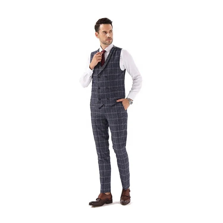 3 piece pictures grey plaid wedding coat pant cashmere England style men suit