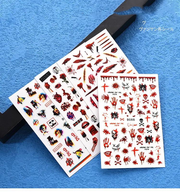 Wholesale 12 Design Halloween Nail Stickers Skull Nail Decals Strap Glue 3D Nail Stickers