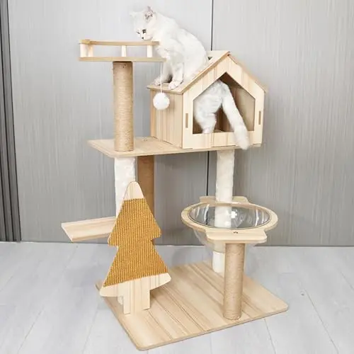 65-Inch Wooden Cat Tree Tower for Indoor Cats Large Nest with Scratching Posts Perches Caves Wool Space Capsule