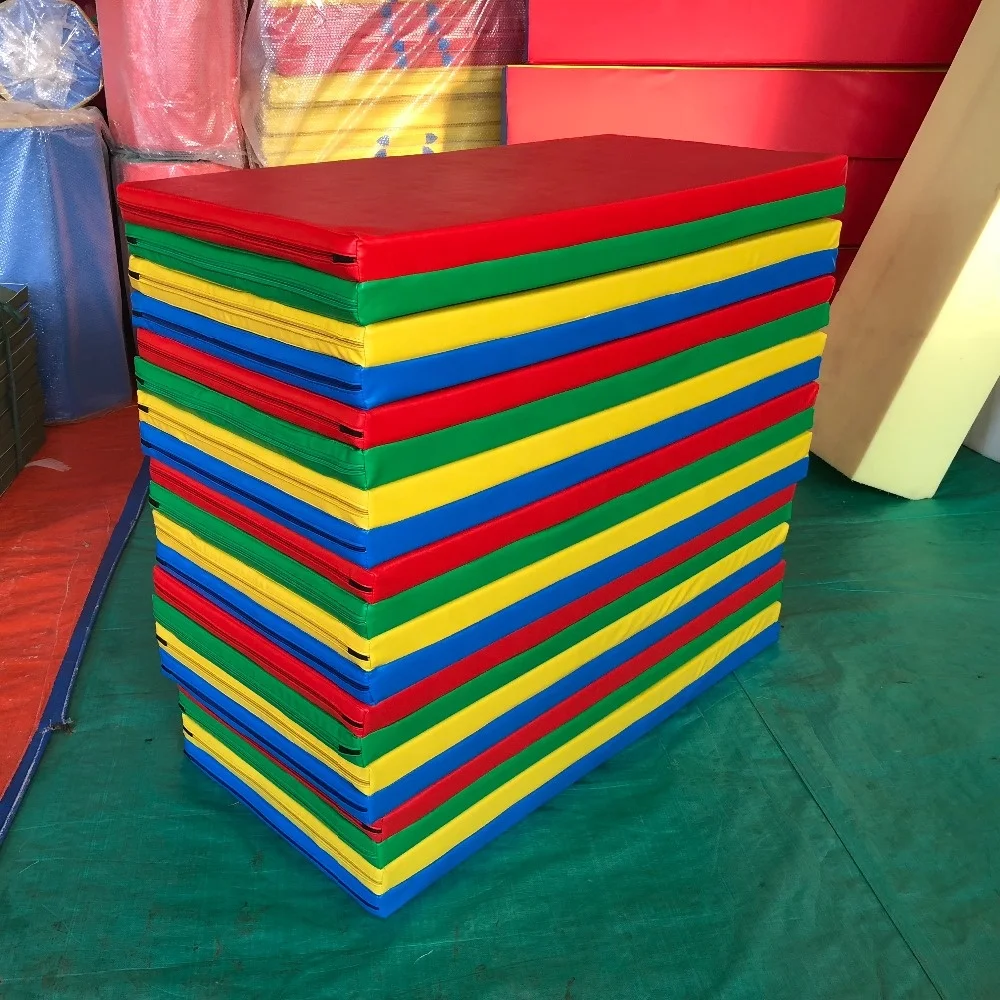 Wholesale 60*60*15cm Red  Yellow  Blue Gymnastics Mat Folding Tumbling PVC cover Leather Tri-Fold Mats Gym Pad Floor Gym Mat