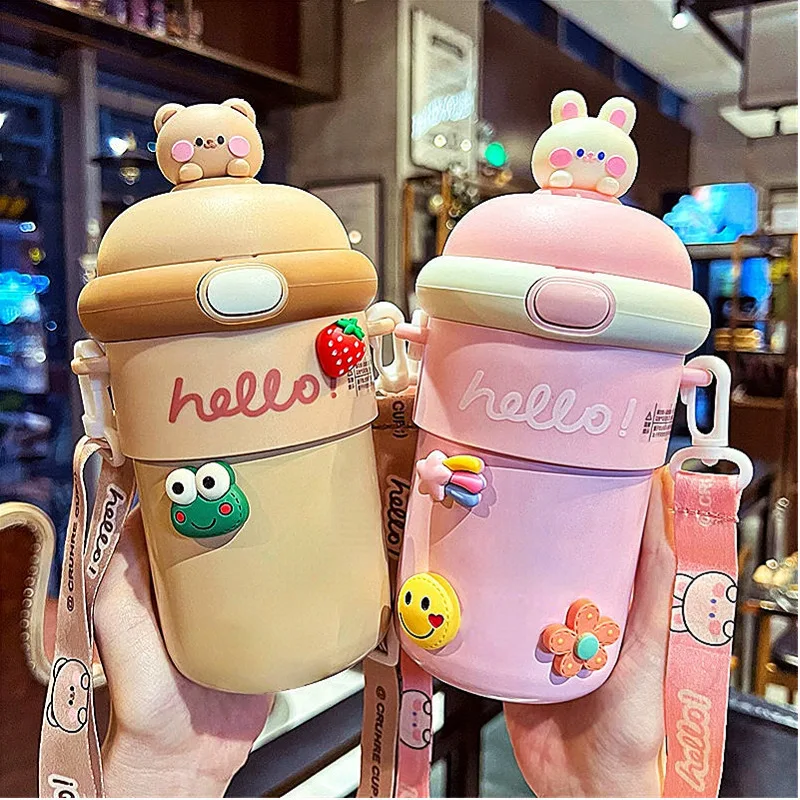 Portable 500ML Cute Animal Kids Insulated Glass Water Thermos Cup Drinking Bottle With Straw
