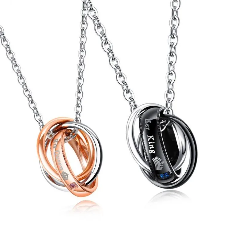 Black Gold Stainless Steel Unisex King & Queen Necklace His Queen and Her King Pendant for Children