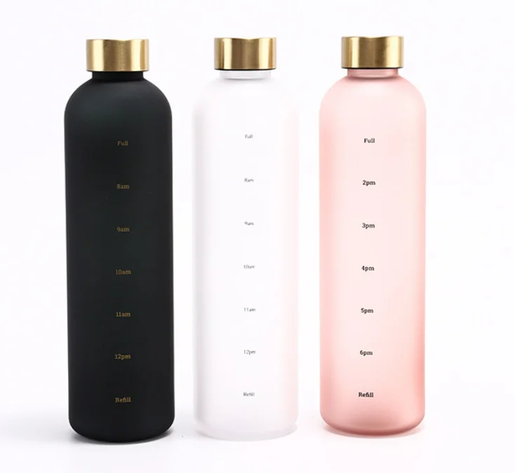 Water Bottle with Motivational Time Marker Reminder 32oz 1 Liter BPA Free Frosted Tritan Plastic Leakproof and Durable Water jug