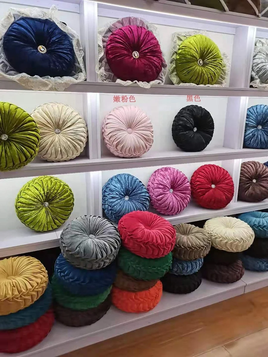 Velvet Chair Cushion Round Throw Pillow Handcrafted Pumpkin Cushion Home Decorative Floor Pillow for Sofa Bed Car Decor, Pink