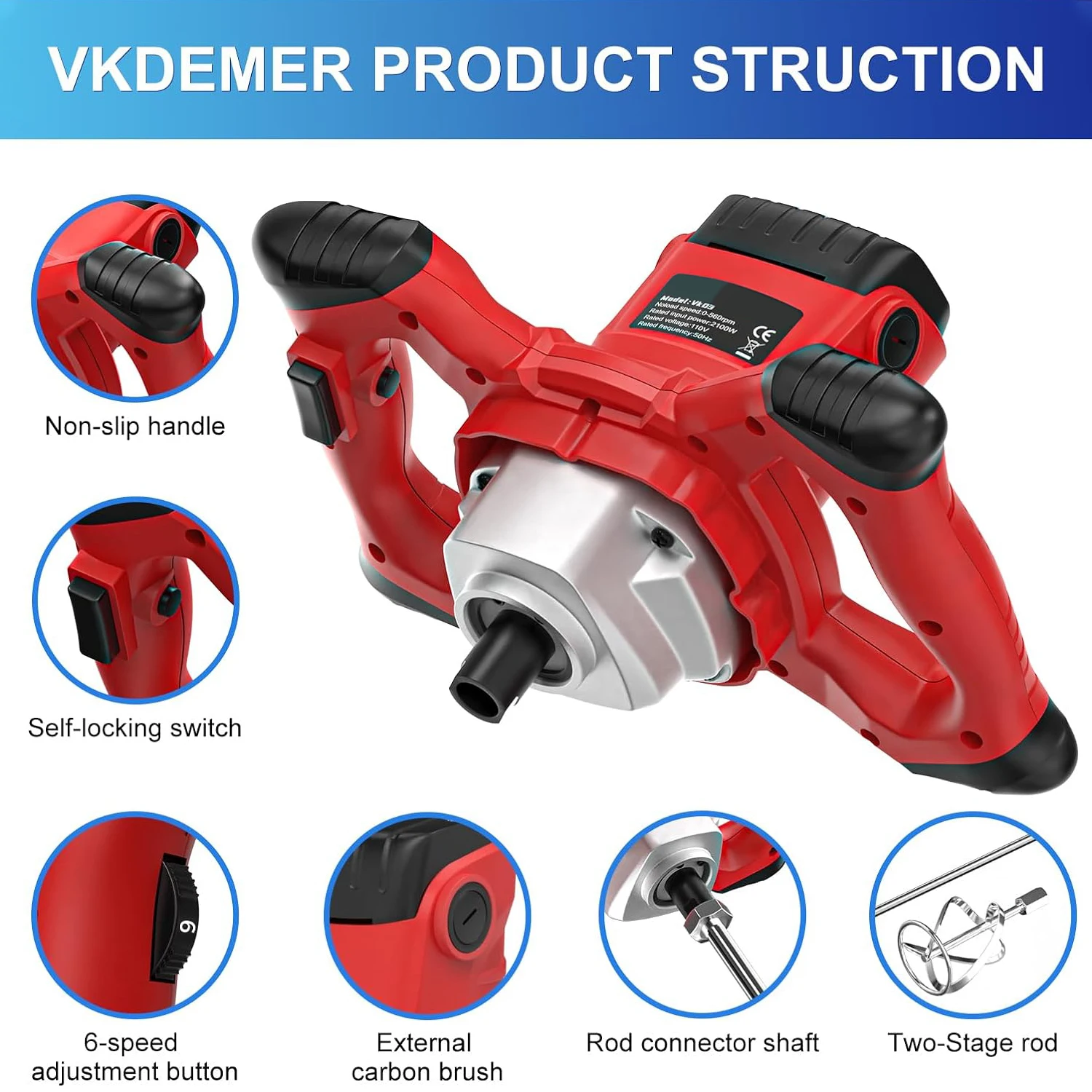 1600W Adjustable Speed Handheld Electric Concrete Mixer DIY Grade Cement Mortar Grout Plaster Drill with Battery Power Source