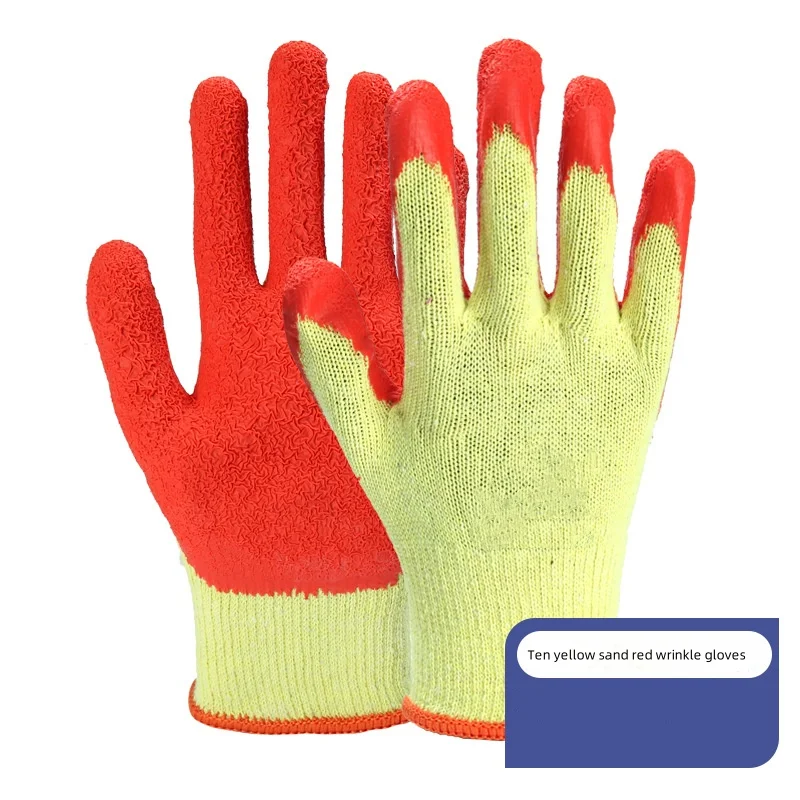 Wholesale Ten needle yellow yarn blue gloves wholesale wear resistant non slip latex dip plastic hanging rubber wrinkle gloves