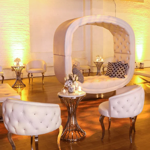 
White leather wedding chair tall circle banquet seating half big round event sofa 