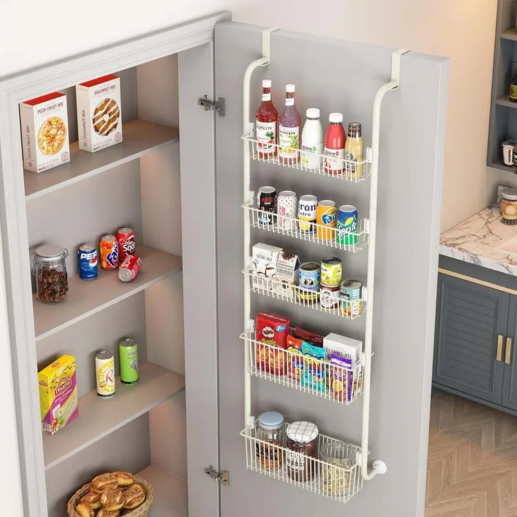 6-Tier Mesh Basket Hanging Wall Mounted Pantry Door Organizer Over the Door Spice Rack with Adjustable Hooks for Kitchen Bathro
