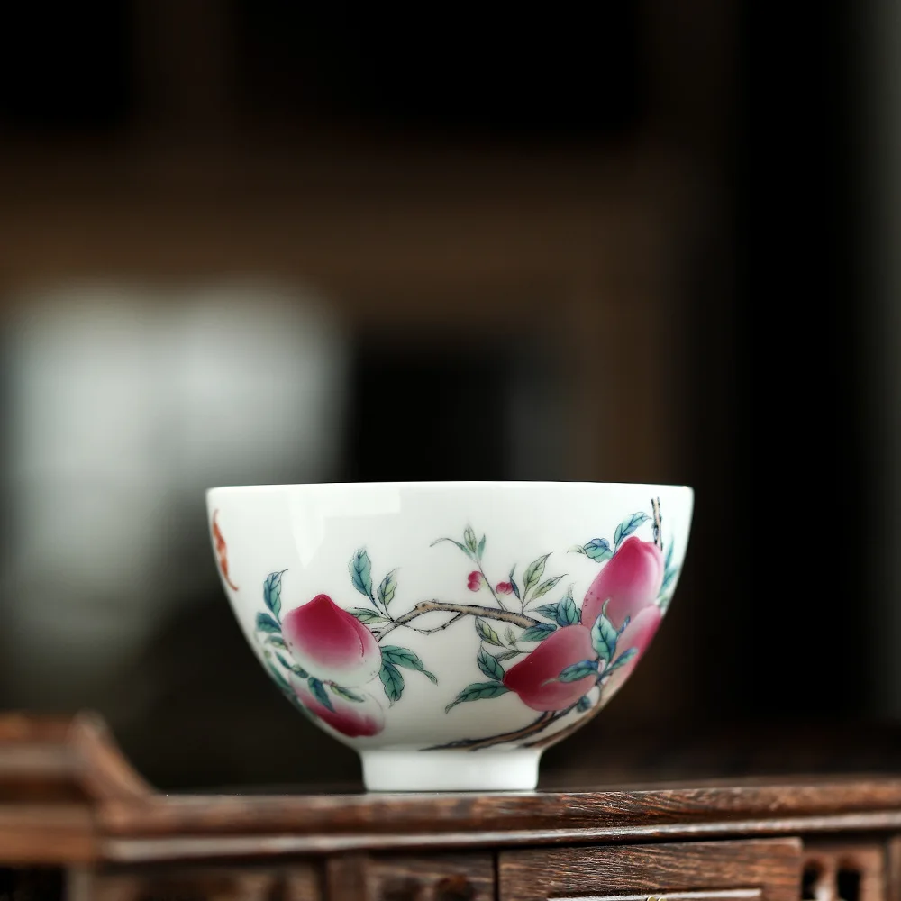 Elegant Personage Exclusive Red Oven Baked Flower Bucket Color Craft Ceramic Inside And Outside Peach Pattern Kung Fu Tea Cup