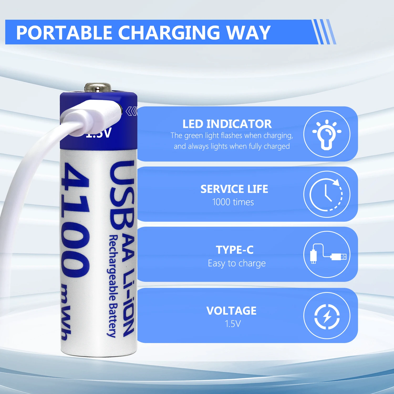 Battery Manufacturer 1.5V AA 4100mWh Large capacity for smart lock toys small appliances USB-rechargeable lithium-ion battery