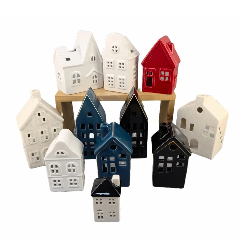 White porcelain lighted ceramic Christmas house for home  White House Tealight candle holder