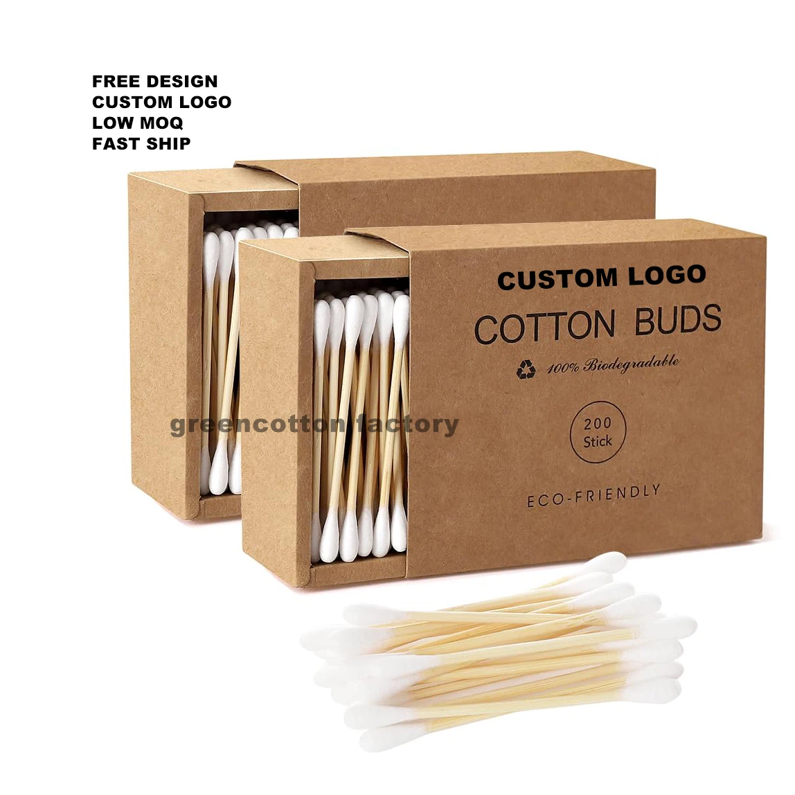 Custom Logo 100% Natural Bamboo Cotton Swabs Wooden Cotton Buds Eco-Friendly Double Tips Plastic Free Ear Sticks