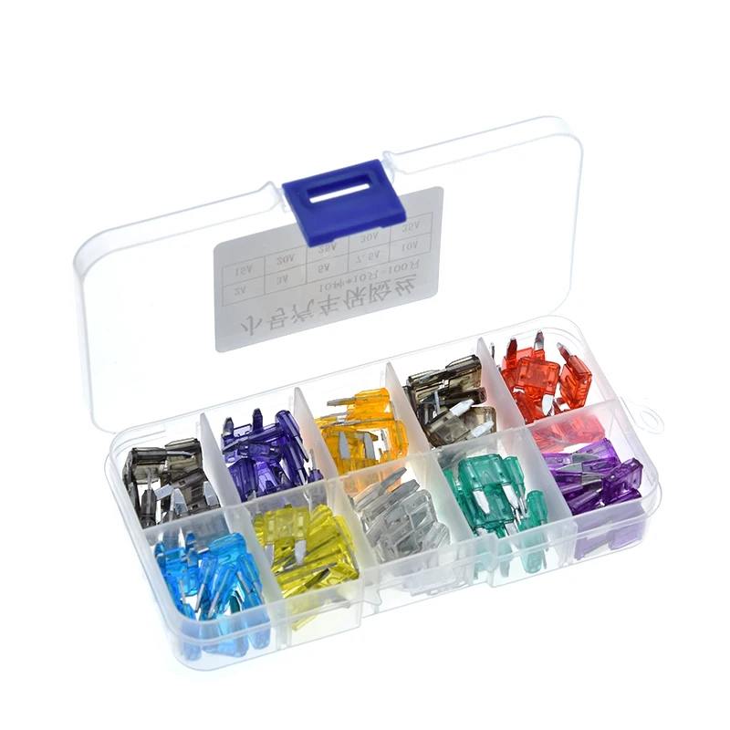 100 шт./лот автомобильный блок предохранителей среднего размера со стандартным лезвием, пластиковый блок в ассортименте с плавкими предохранителями 2A 3A 5A 7.5A 10A 15A 20A 25A 30A 35A