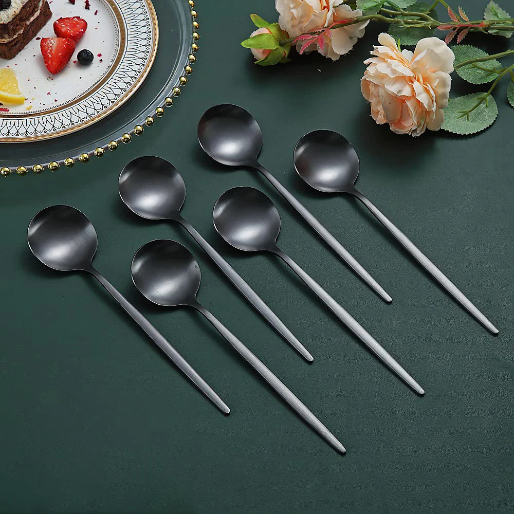 Hot Trending Products Modern Brushed Matte Black Table Soup Scoop Spoon Set Stainless Steel