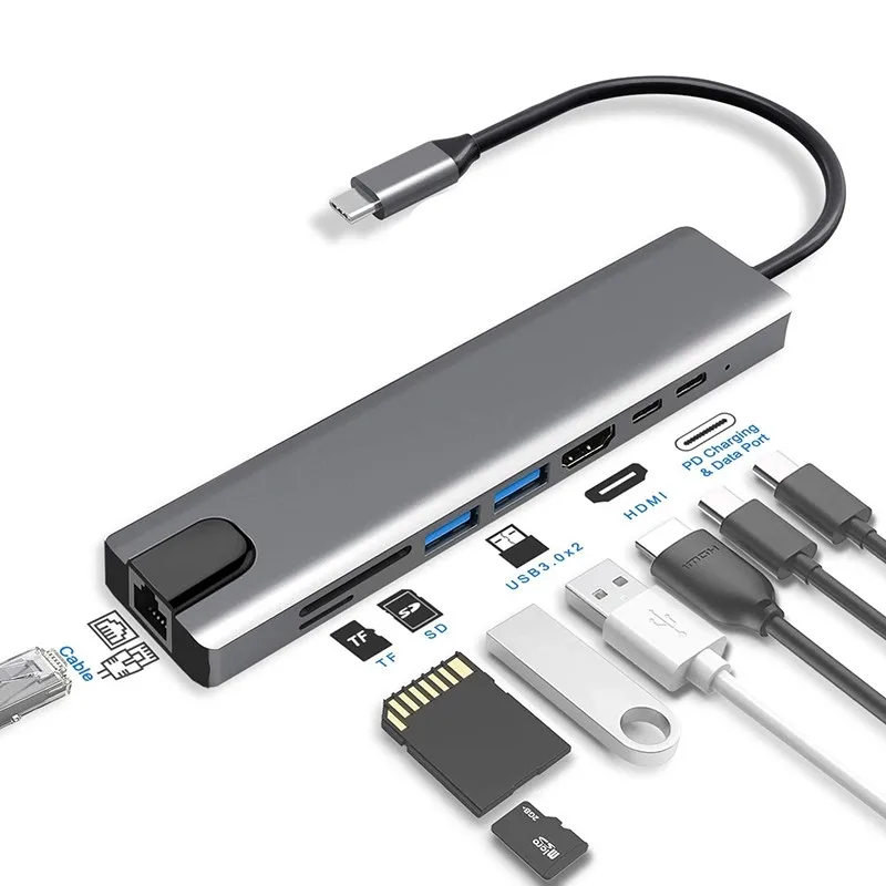 Jumon 8 In 1 USB-C Hub Adapter Geschikt Usb Type-C Hub Kabel Naar 4K UHD MD Converter Ethernet USB-C Hub