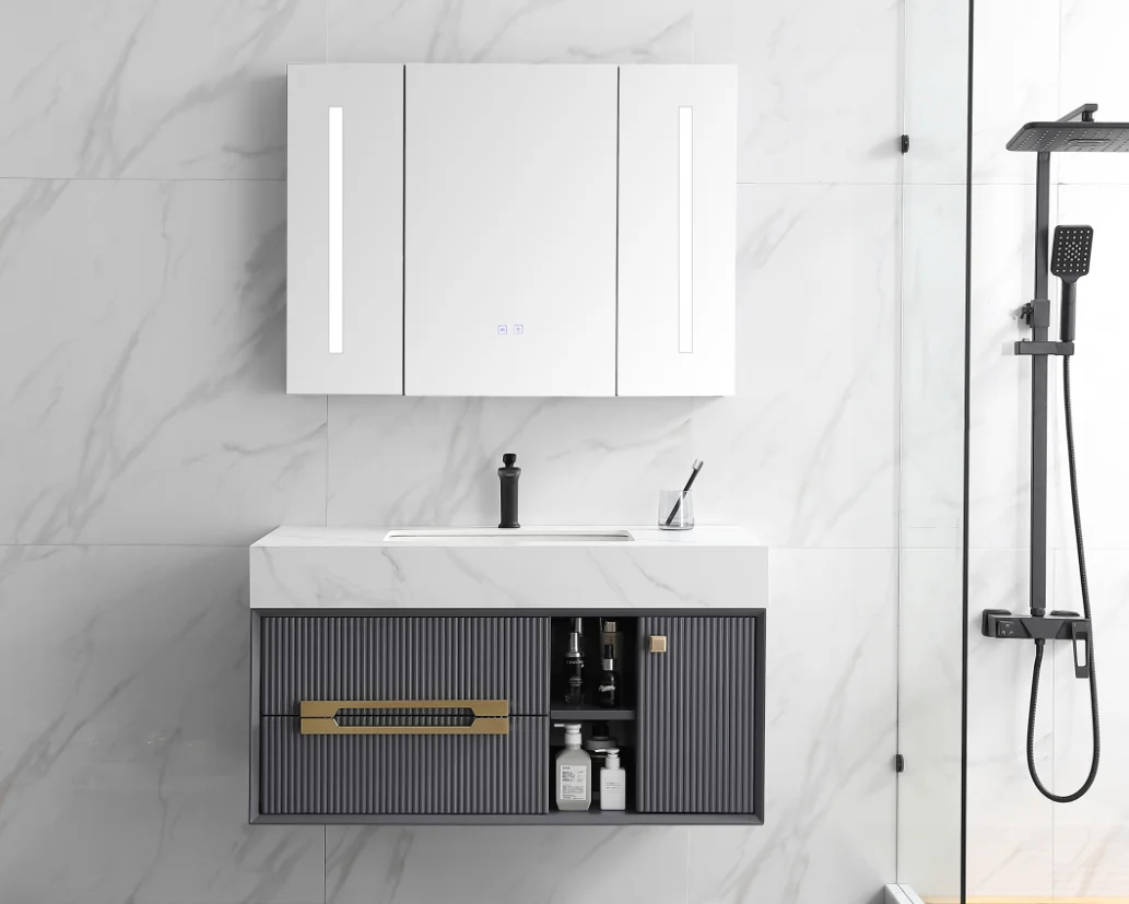 KD-BC306W-60 High Grade Hotel Wall Hung Sink Bathroom Vanity Cabinet Set with Counter Top Small Size LED Mirror Storage Cabinet