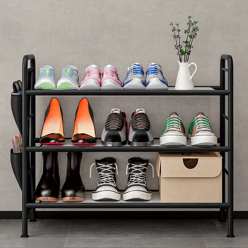Entryway Storage Shelf Shoes Storage Cabinet Metal 3/4 Tier Stackable Shoe Rack with Side Hanging Storage Bag