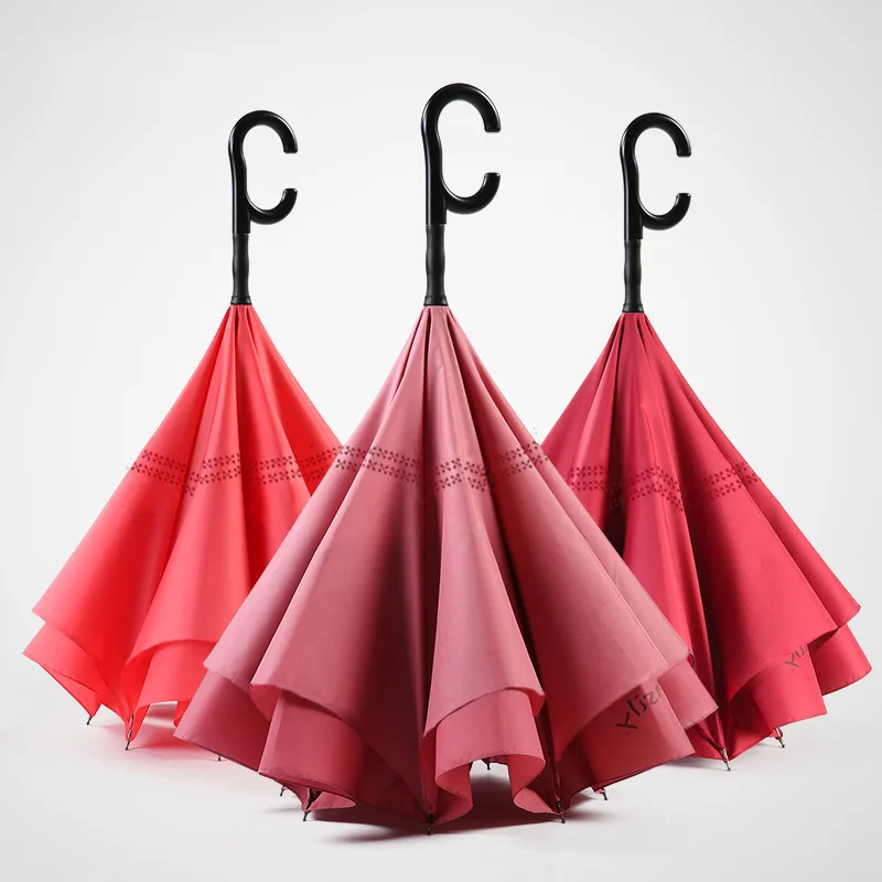 ZD082 Wholesale Automatic Open Double Layer Inverted Umbrella Sun UV Car Straight Umbrella C Type Handle Reverse Parasol