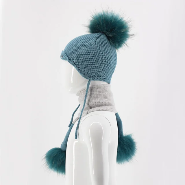 Winter Baby A Set of Hat and Scarf with Double Fur Pompom for Children two pieces Braid Hat