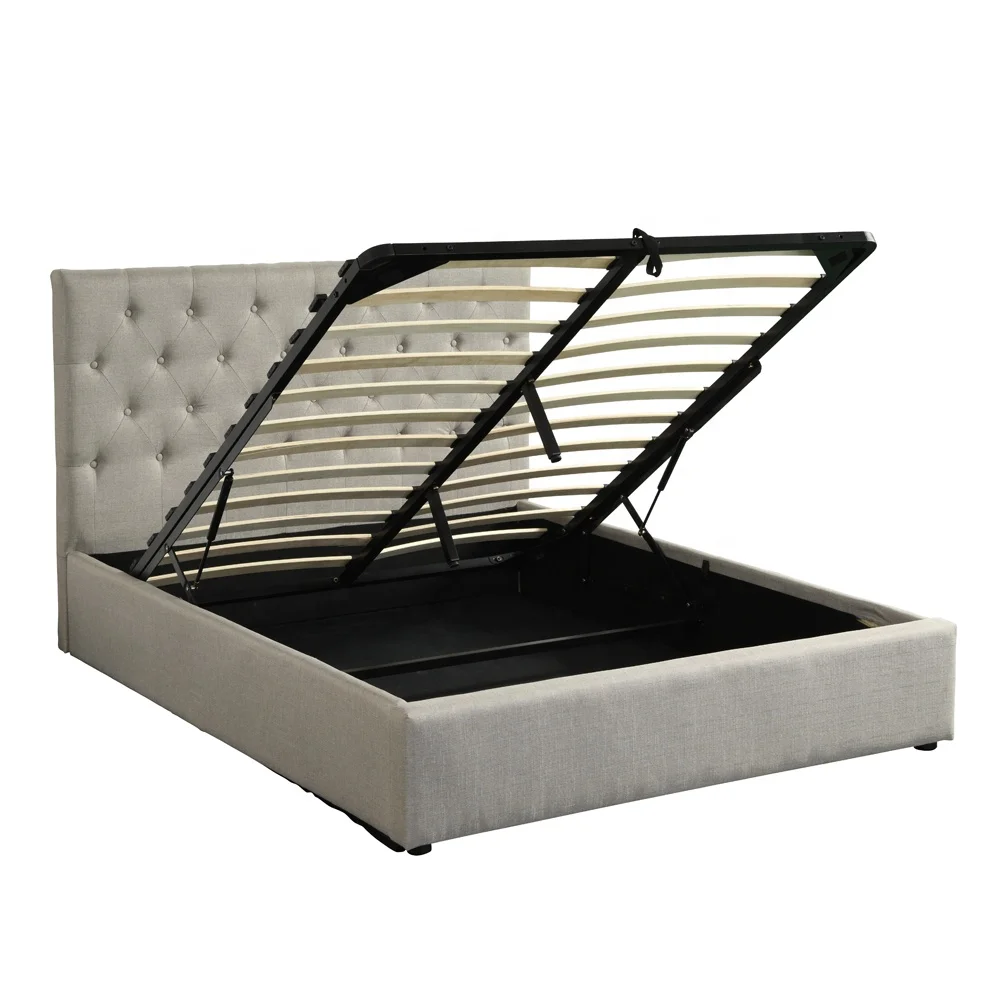 Easy Assembly high headboard semi full double queen king size fabric upholstered wooden ottoman bed frame with gas lift