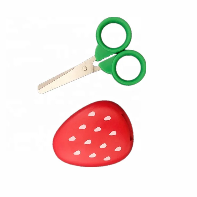 Strawberry shape children scissor with magnetic cover green color handle with magnet cover scissor for student scissors