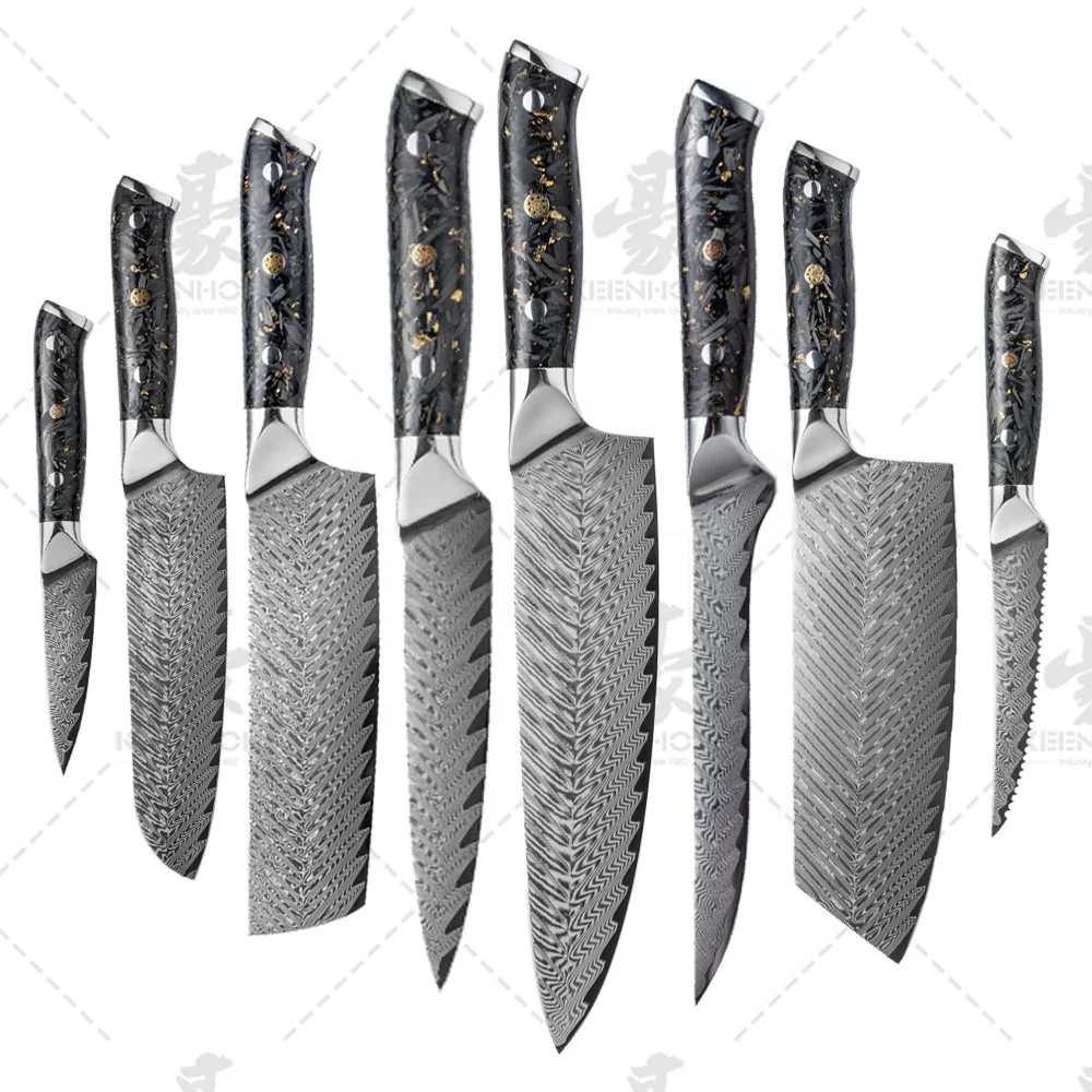 8-Piece Kitchen Knives Set with SS316 Bolster Composited Resin + Carbon Fiber Handle 67 Layers Damascus VG10 Knife Set