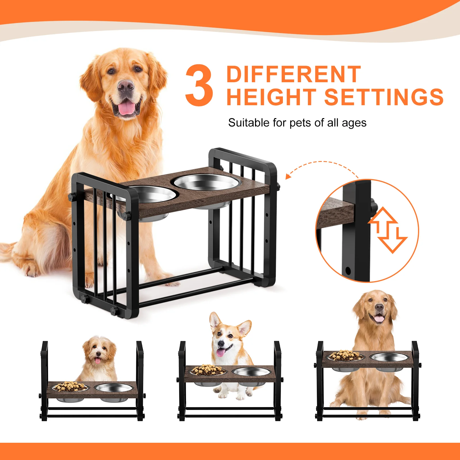 Yee Adjustable Height Dog Bowl Anti-slip Lift Three-layer Stainless Steel Bowl Detachable Pet Feeder