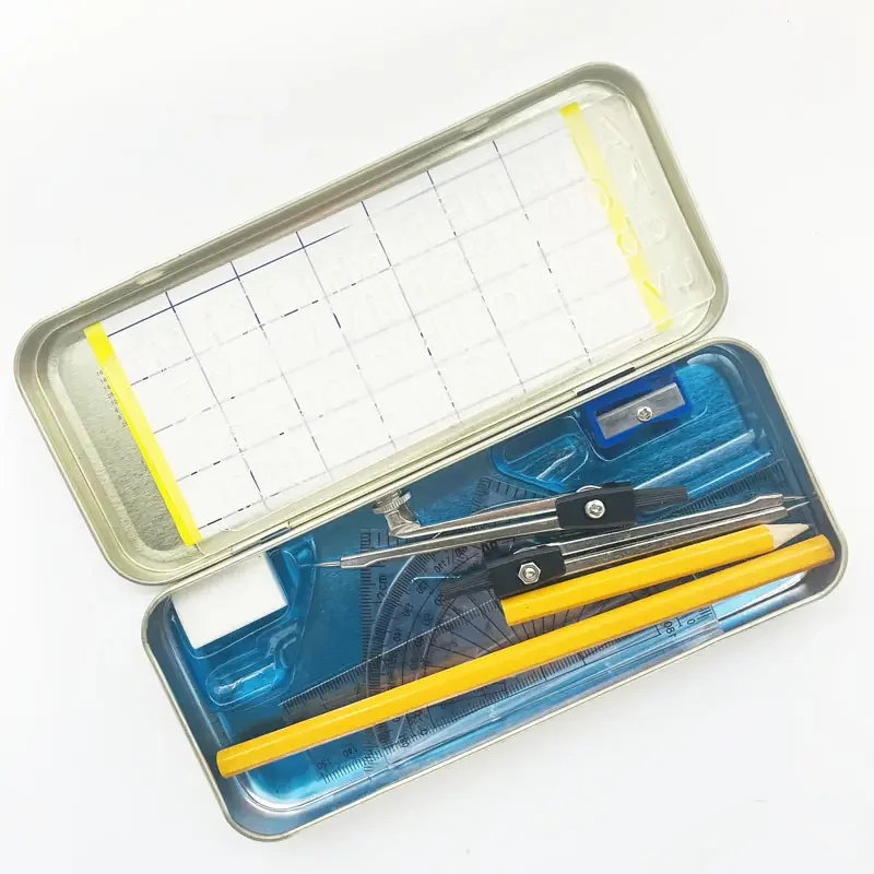 Hot Mathematical Instruments Compass Math Set Geometry Box Metal Rulers Multi Function Metal Bus Shape 3 Compartment 50ctns