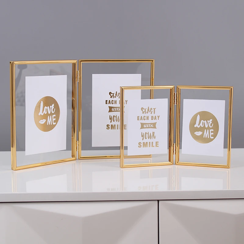 
Customized 2 Openings Transparent Glass Metal Folding Hinged Desktop Table Picture Photo Frame 