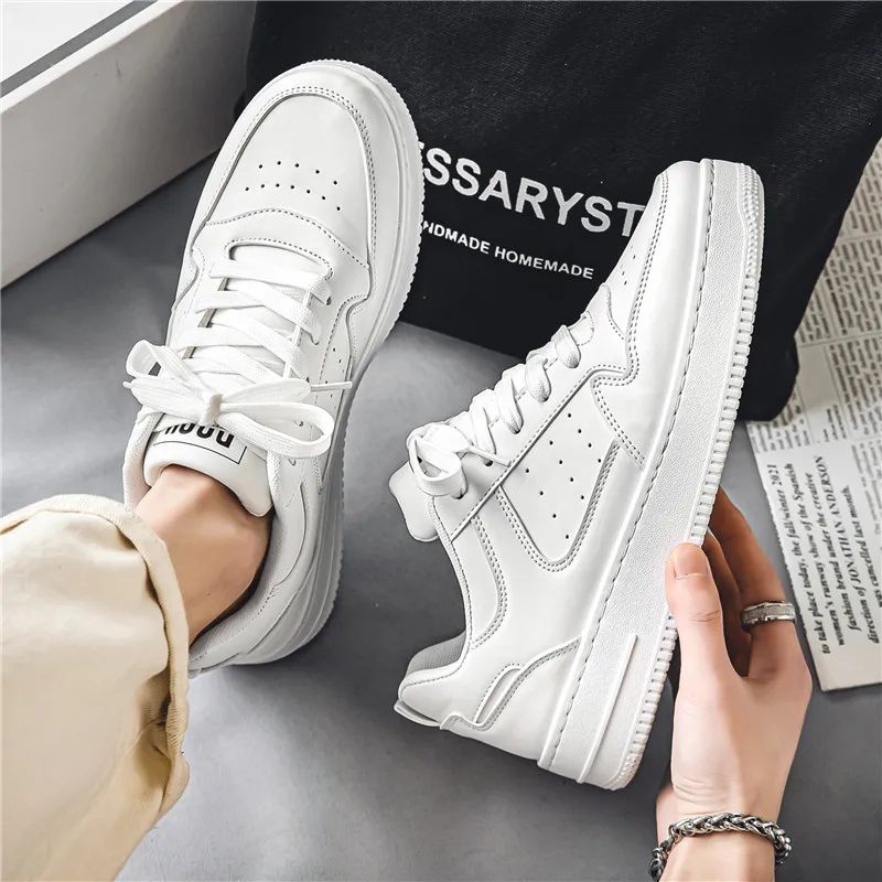 Mens Spring Trendy Brand High-end Leather Sports White Casual Board Shoes Soft Sole Versatile Thick Sole Trendy Shoes