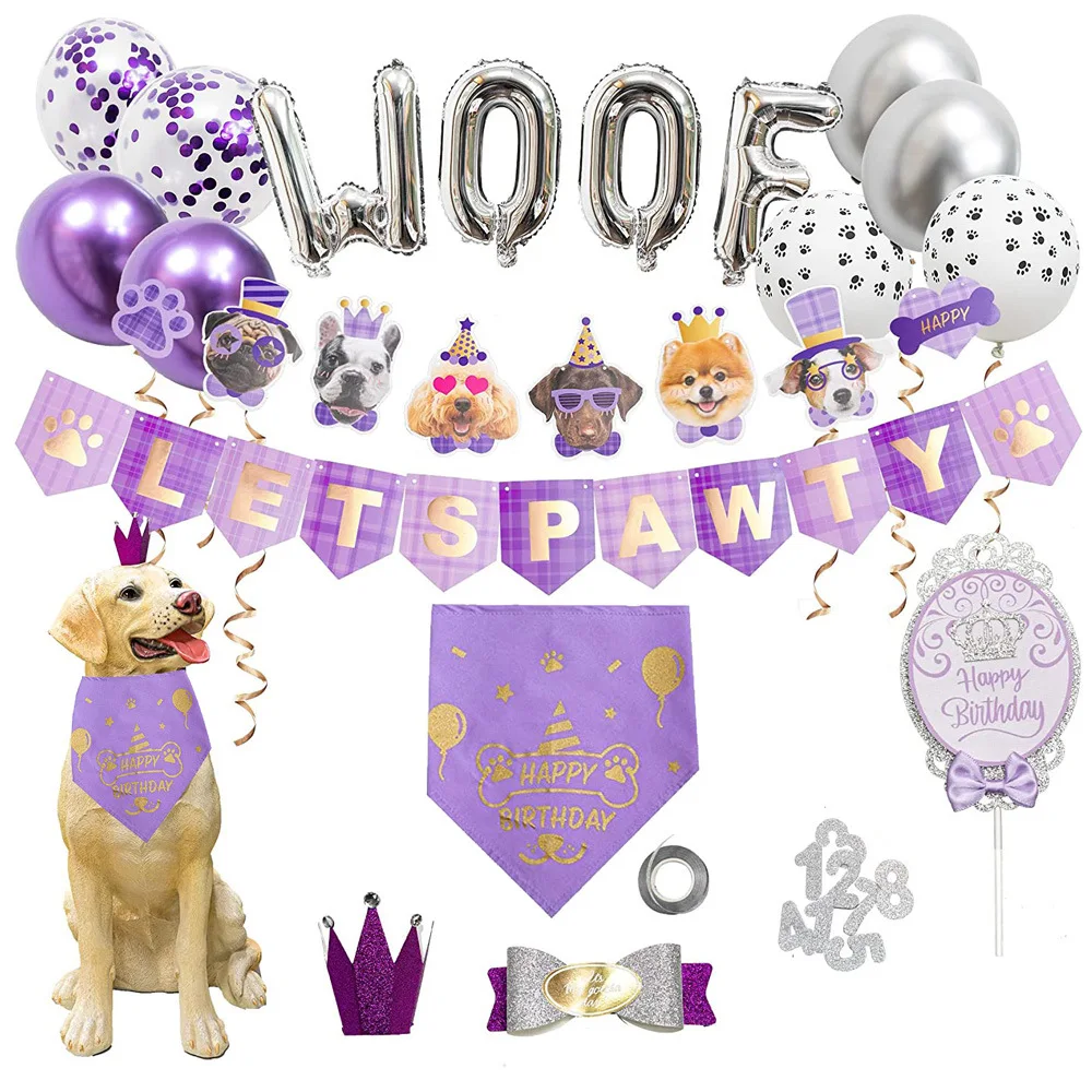 Dog Birthday Party Supplies Dog Birthday Hat Bandana Bowtie Cake Topper Balloon Flag Banner for Small Medium Dogs Pets