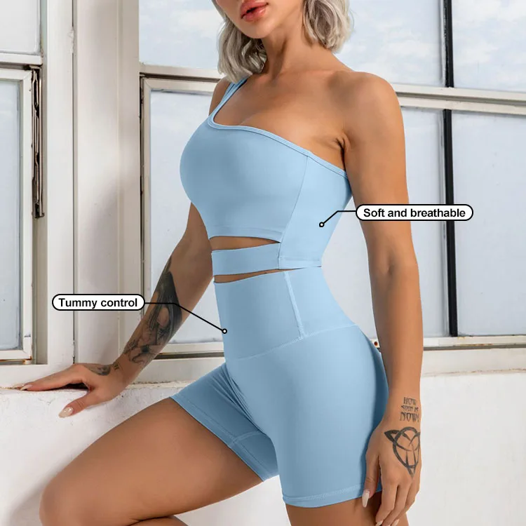 Eco-Friendly Light Blue Breathable Yoga Top Women Soft High Weight Bearing Recycled Sports Bras