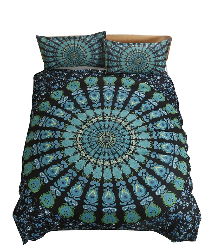 Mandala Bedding Set Blue Bohemian Duvet Cover 3pcs Microfiber Boho Hippie Floral Comforter Set Queen King Size with Pillowcases