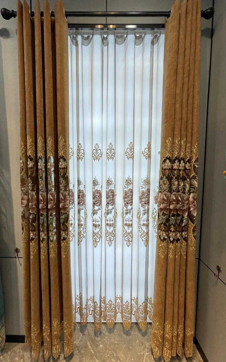 2022 Luxury European Style Living Room Beaded Beautiful Valance Curtain with Matched Embroidery Sheer Panel