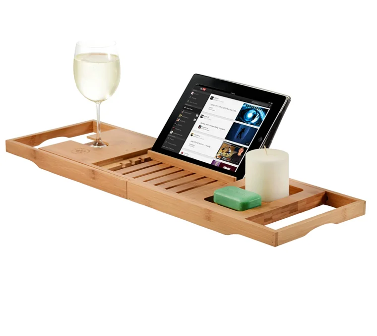 
Expandable Premium Wood Bamboo Bath Caddy Tray with Book, Wine Holder for Ideal Gift for Loved Ones 