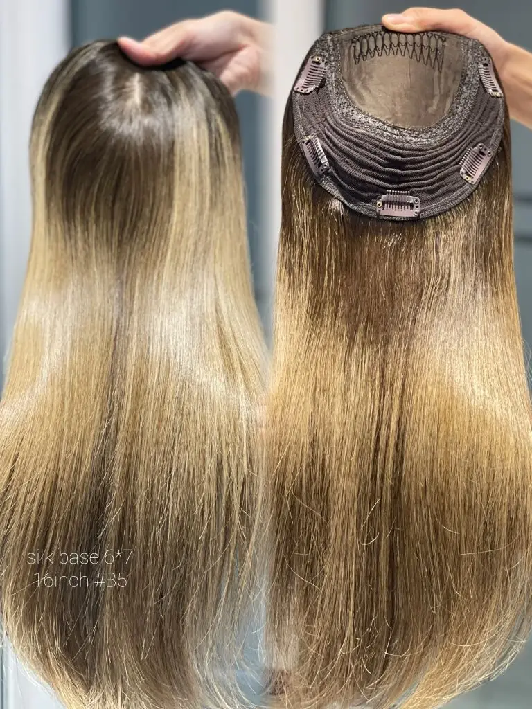 SHY Human Hair Topper Free Part Silk Base Topper Mono 6*7 Silk Top for Clip in Hairpieces #4 Brown Straight Hair Topper