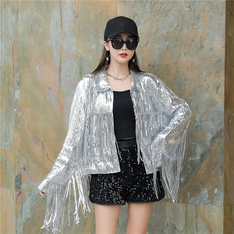 wholesale silver tassel hip hop Jazz Dance Costume coat fringed Sequin bomber Jacket