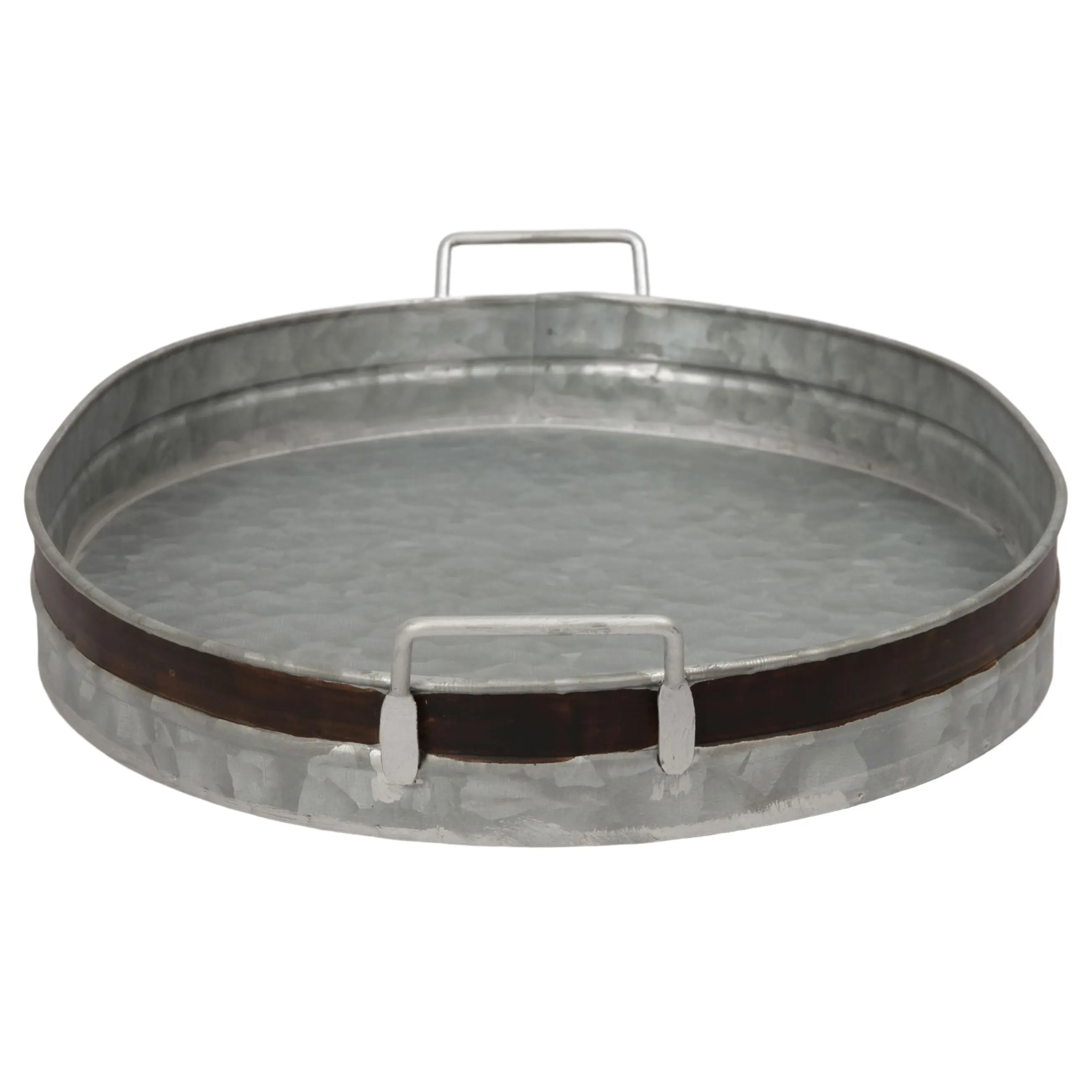 Farmhouse Style Vintage Kitchen Large Oval Gray Galvanized Steel Single Tier Serving Tray Stand With Handle