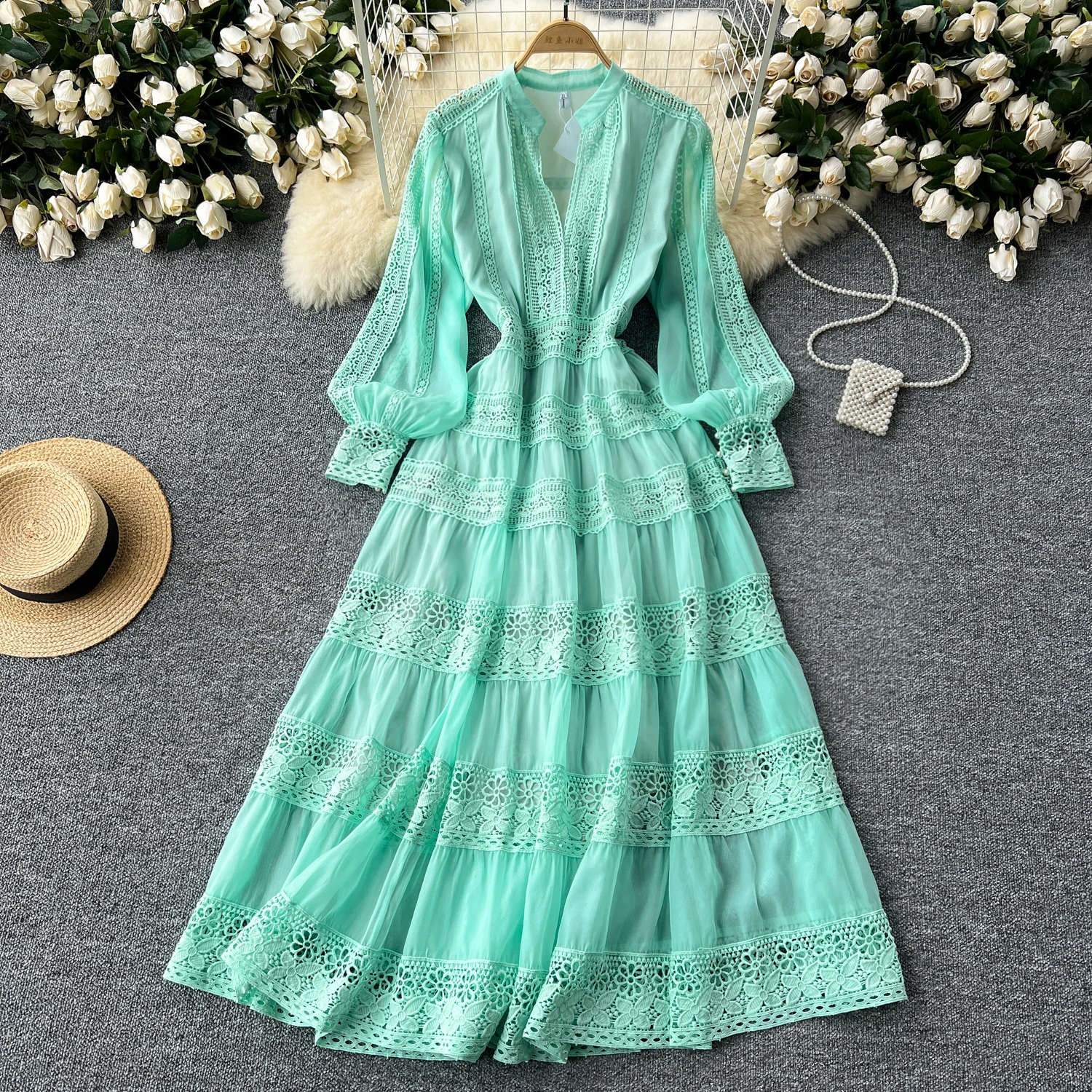 LE2412 2024 Ethnic Style Evening Dresses V-Neck Lace Patchwork Woman Elegant Long Robes Chic Embroidered Boutique Maxi Dress