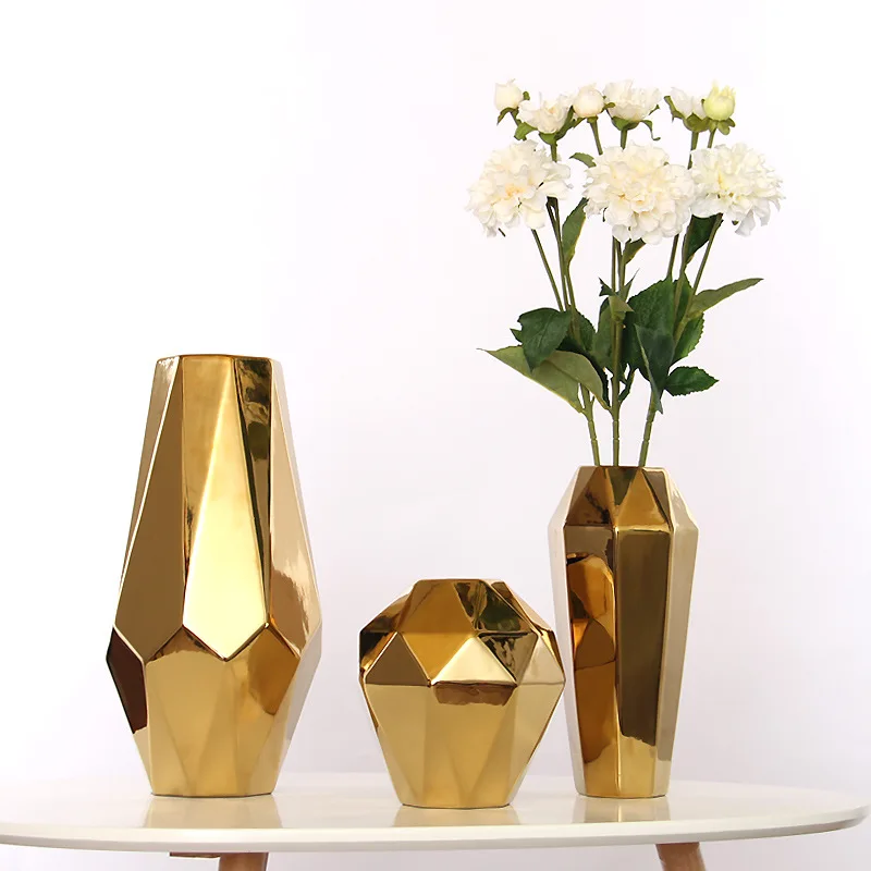 
New Item beautiful Design Geometric plating Ceramic Porcelain vase home Decoration big brass Metal Gold Vases for flowers 
