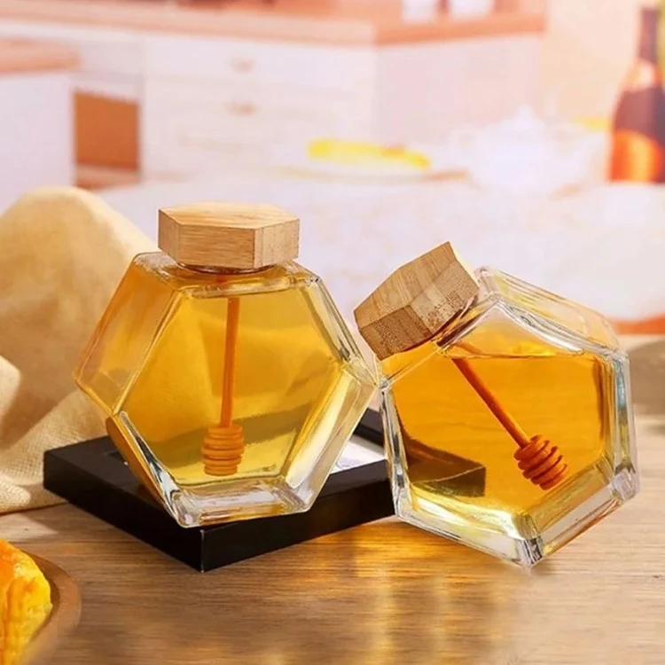 Custom 100ml 380ml 730ml honey jars jelly jam hexagon glass honey jar with stick glass jar with wooden lid for honey