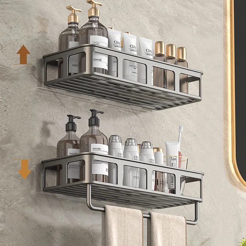 Space aluminum wall mount no drilling shower storage bathroom organizer rack shampoo holder Bathroom Rack