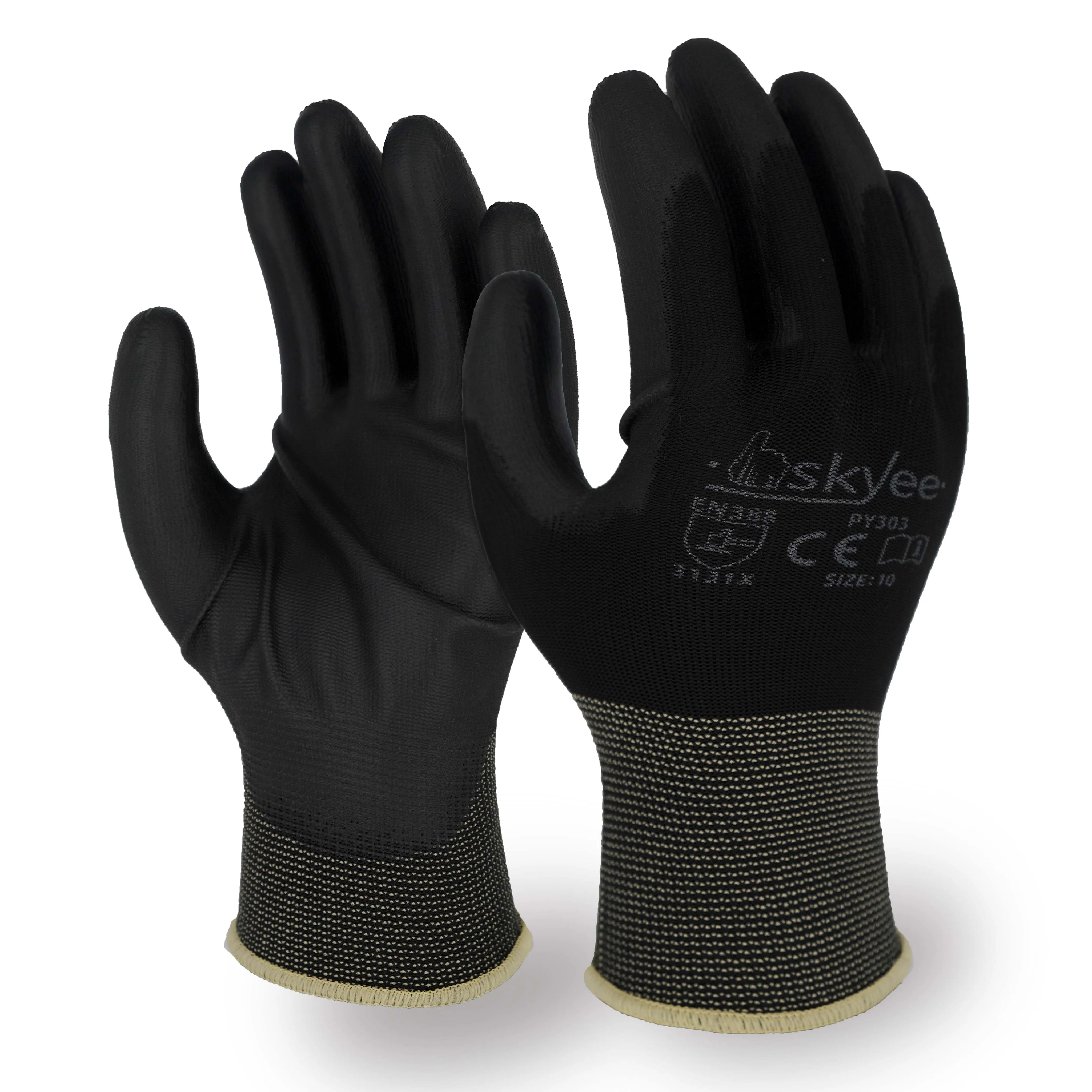 SKYEE custom black pu coated nylon shell cut resistant ansi 5 anti slip protect safety work garden gloves for warehouse