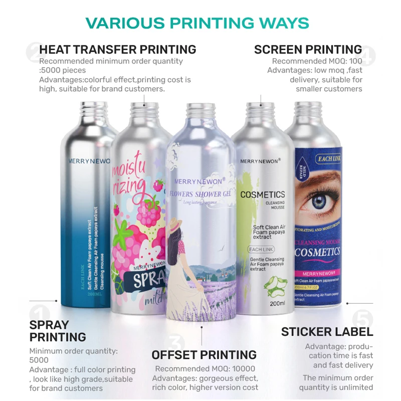 150ml 200ml metal packing aluminum bottles for shampoo and lotion oil metallic spray bottles for cosmetics