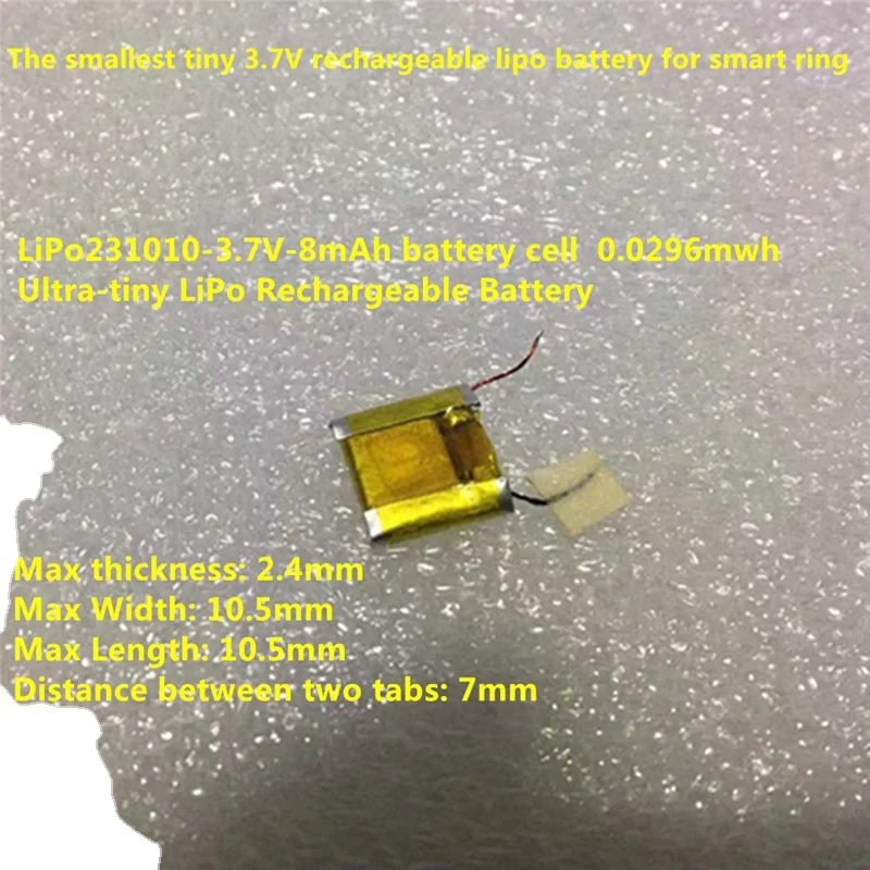Customized Ultra smallest tiny size 231010 3.7v 8mah lipo battery for Sensors/Labels/Medical Devices/Power cards/Smart cards
