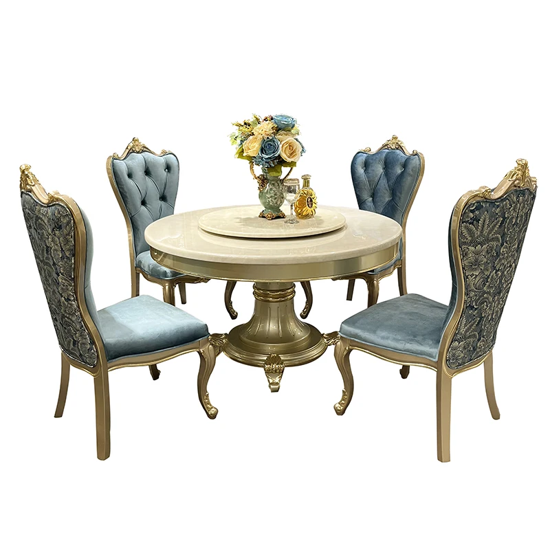 MO LAN European marble round dining table and chair combination solid wood carved dining room light luxury table