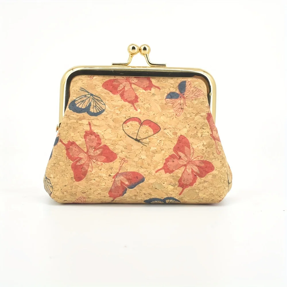 Mini Retro Butterfly Pattern Cork Purse, Classic Kis-Lock Cork Wallet For Women, Elegant Cork Clutch Bag
