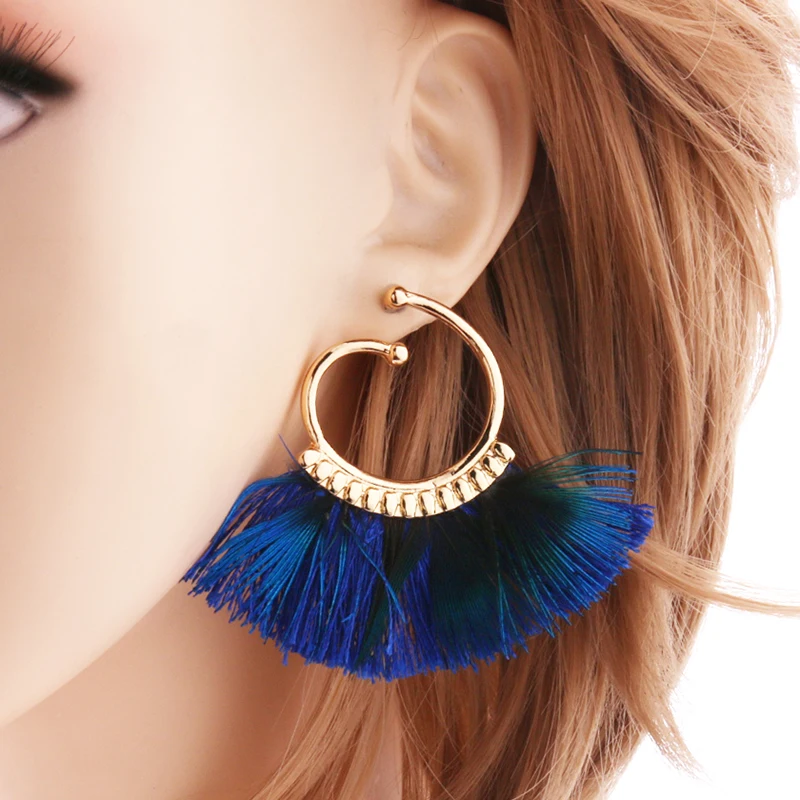 NeefuWofu Peacock Feather Earring Bincos Tassel Retro Copper Large Earrings For Women Fine Jewelry Wholesale