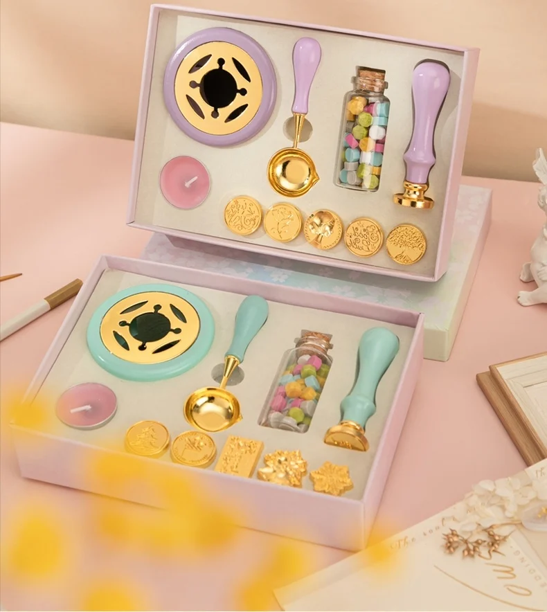 Gift Box Variety Of Stamp Heads  Many Colors Stamp Kit Contains Spoon Wax Bead Candle Wax Seal Set